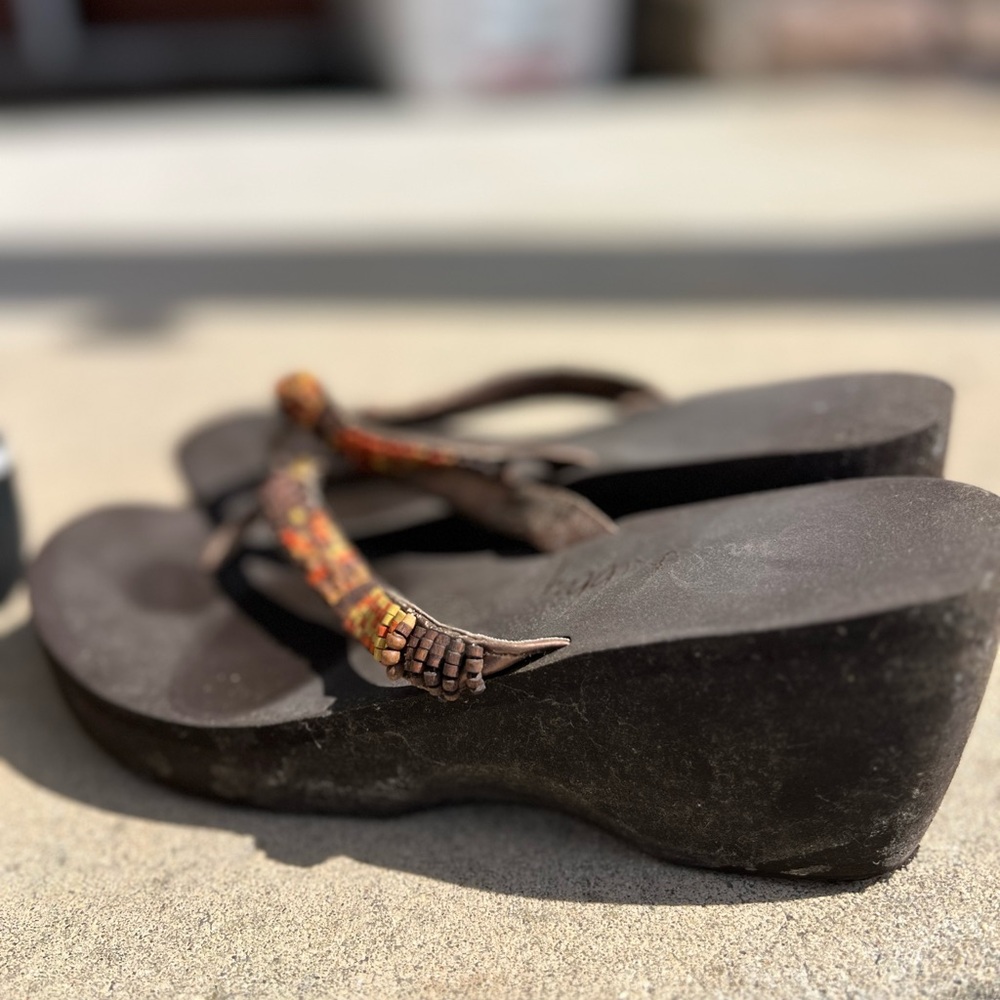 Brown Beaded Wedge Flip Flops - Women